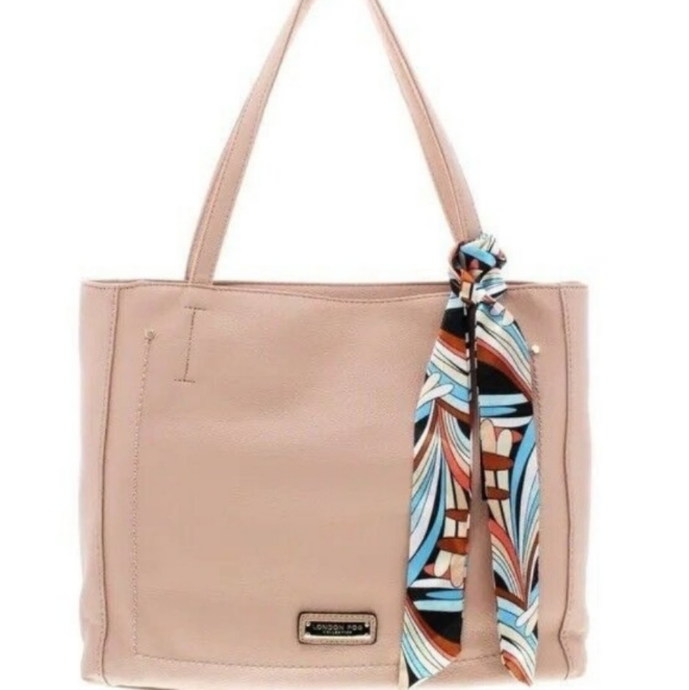 London Fog Pale Pinkish Beige Tote Handbag with Scarf Accent
